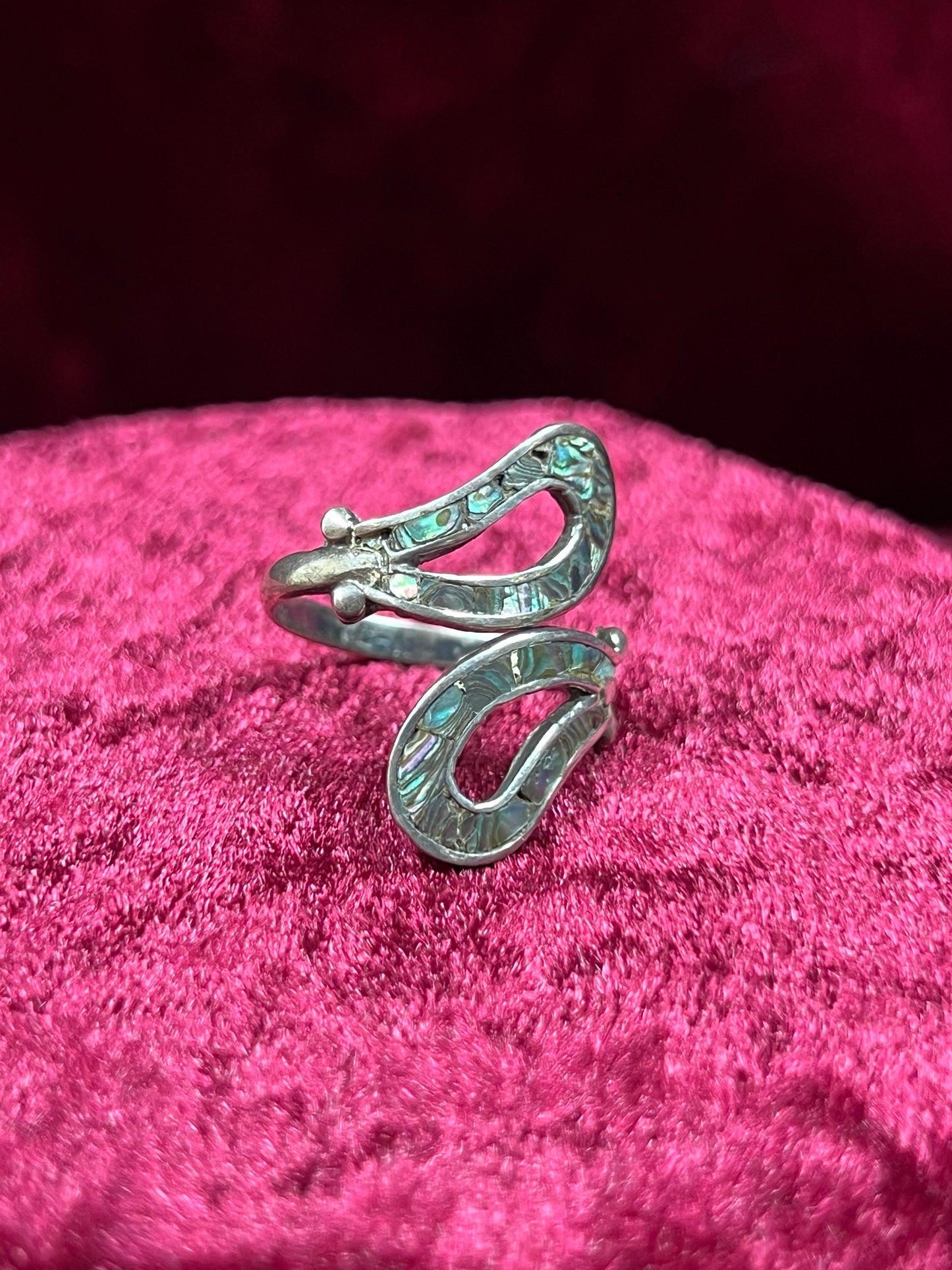 Vintage Jewelry - Bypass Ring - 925 Silver - Inlaid Abalone Shell - 7 - Mexico