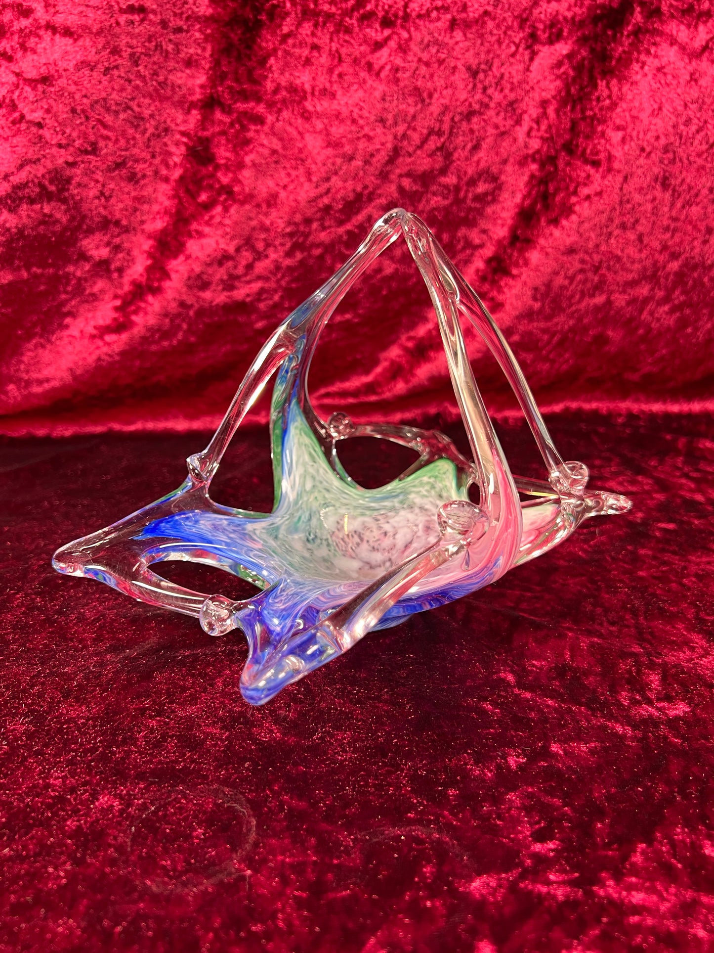 Vintage Art Glass - Glass Basket Candy Bowl - Blue, Green, and Pink - Murano