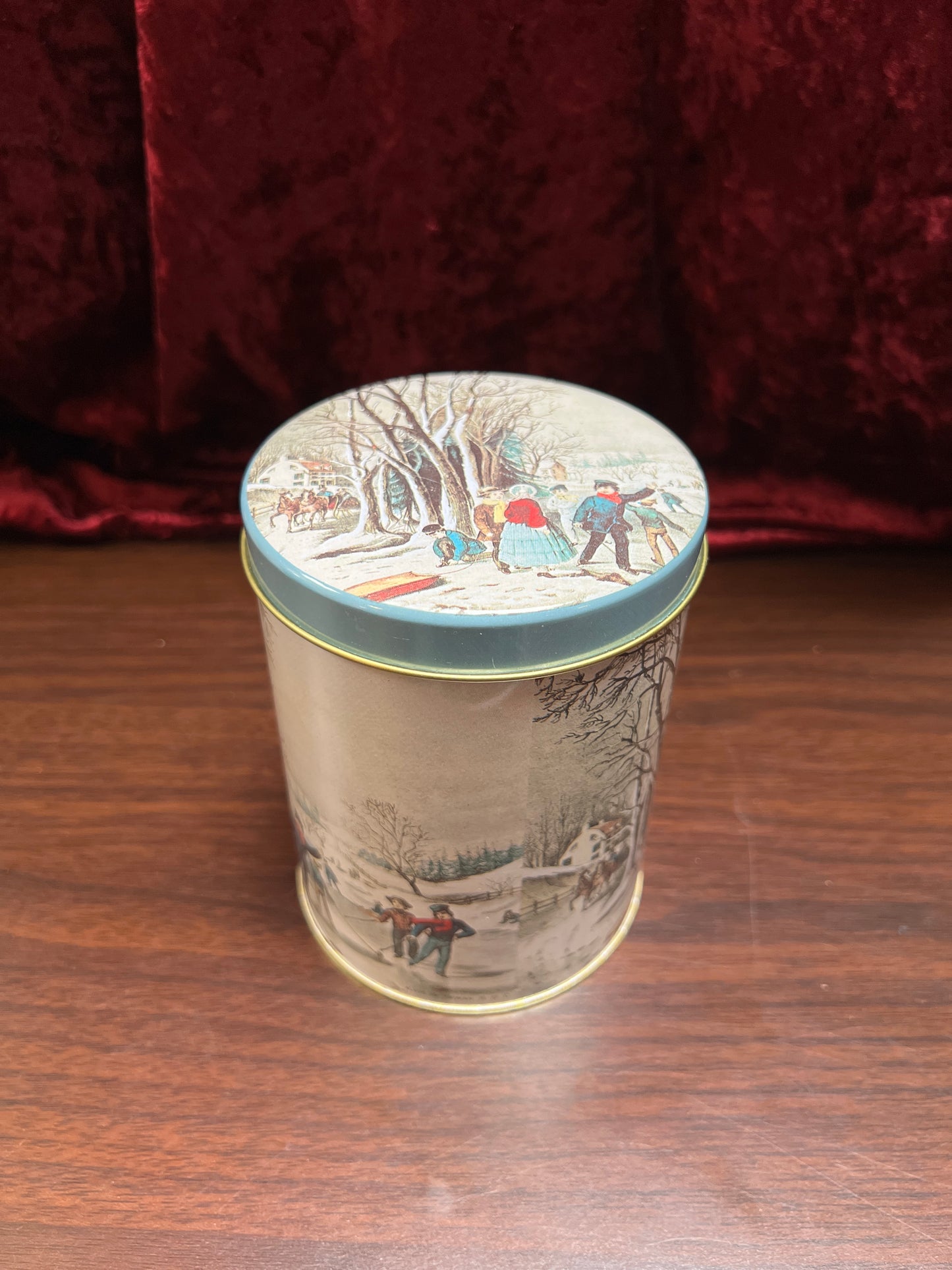 Vintage Christmas - Metal Nesting Tin Canister Set - Old New England Winter Scene - Made In Taiwan R.O.C.