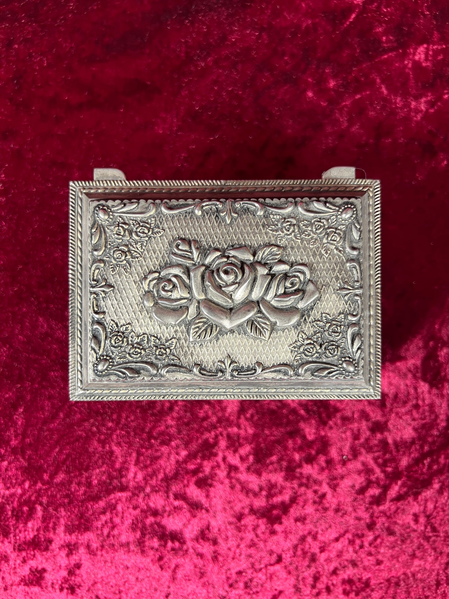 Vintage Vanity - Jewelry Box - Ornate Silver Rose Filigree - Black Velvet Lining - Footed