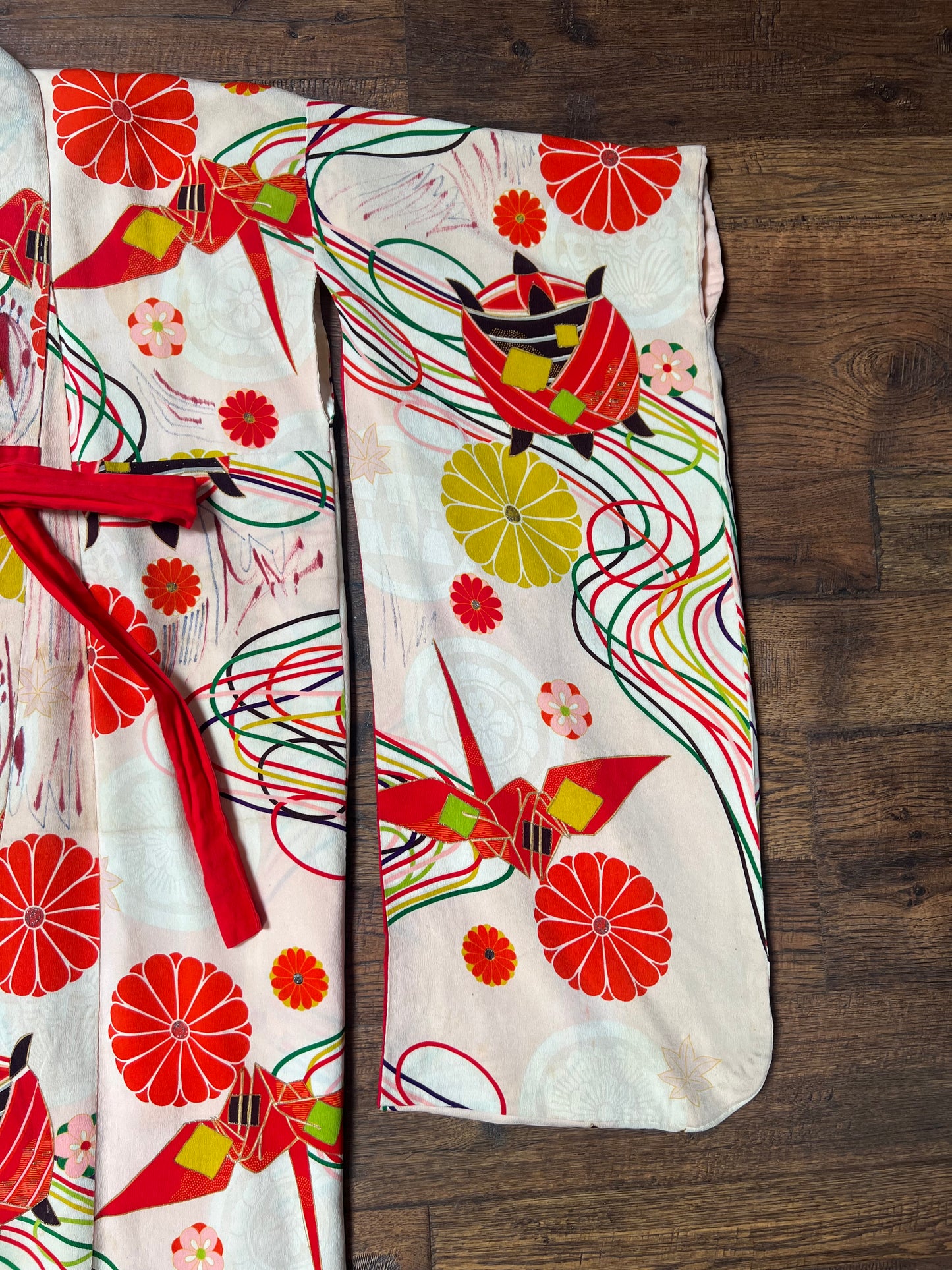Vintage Clothing - Hand Sewn Kimono Robe - Abstract Floral Pattern - Crepe Silk - OS