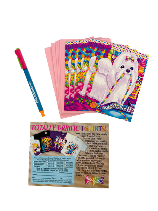 Vintage Stationery - Lisa Frank Note Card Set - Maltese with Pearls - Plus DOODS Pen
