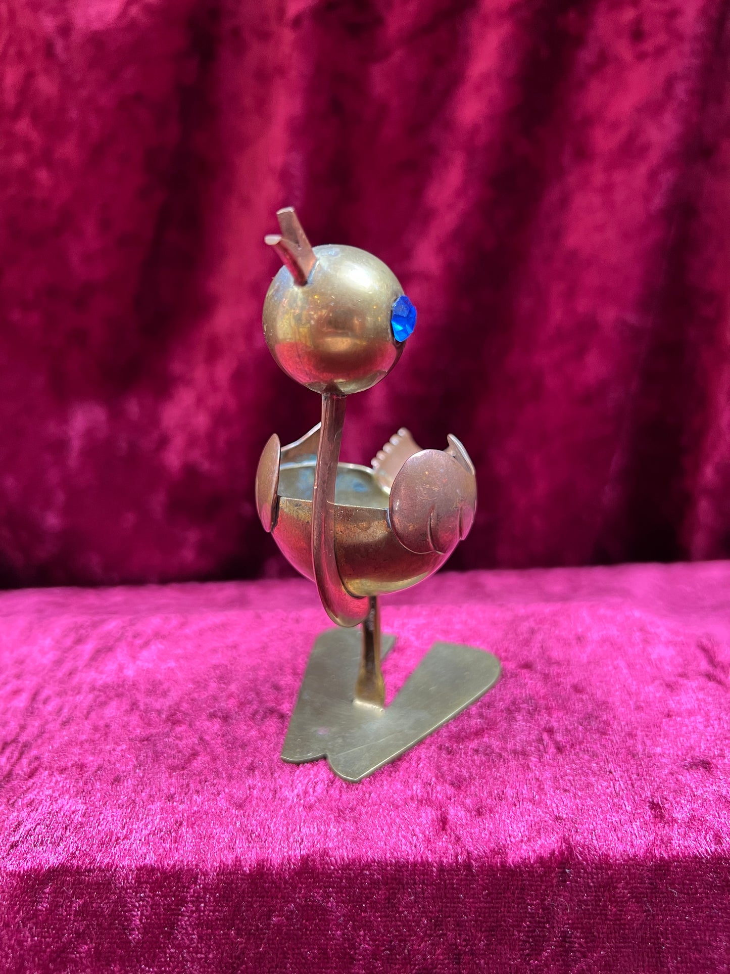 Vintage Ashtray - Mixed Metal Copper Bird with Blue Rhinestone Eyes - Mexico