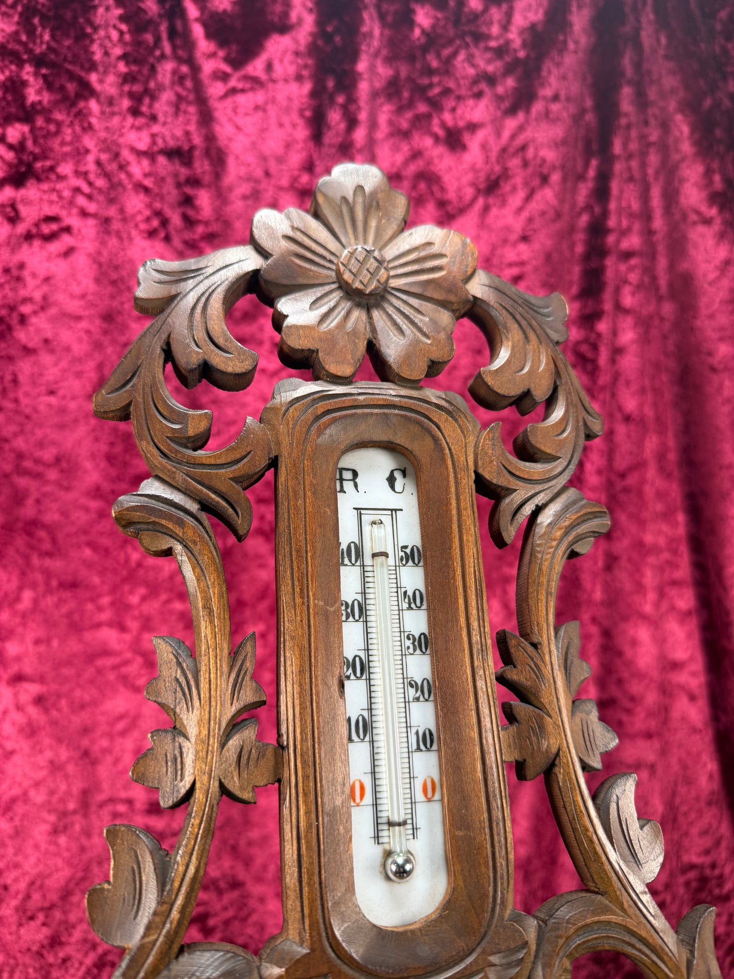 Antique Wall Decor - Hand Carved Dark Wood Thermometer - Black Forest Style - Denmark