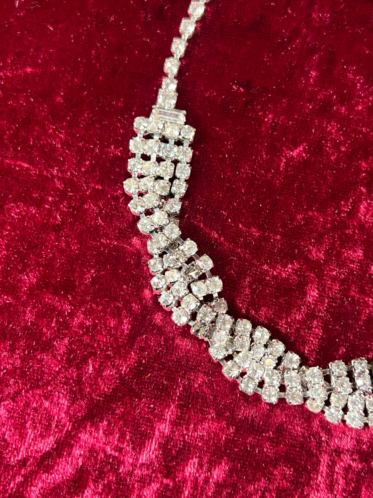 Vintage Jewelry - Collar / Choker Necklace - Silver Tone Metal - Braided Clear Rhinestones - 17.5”