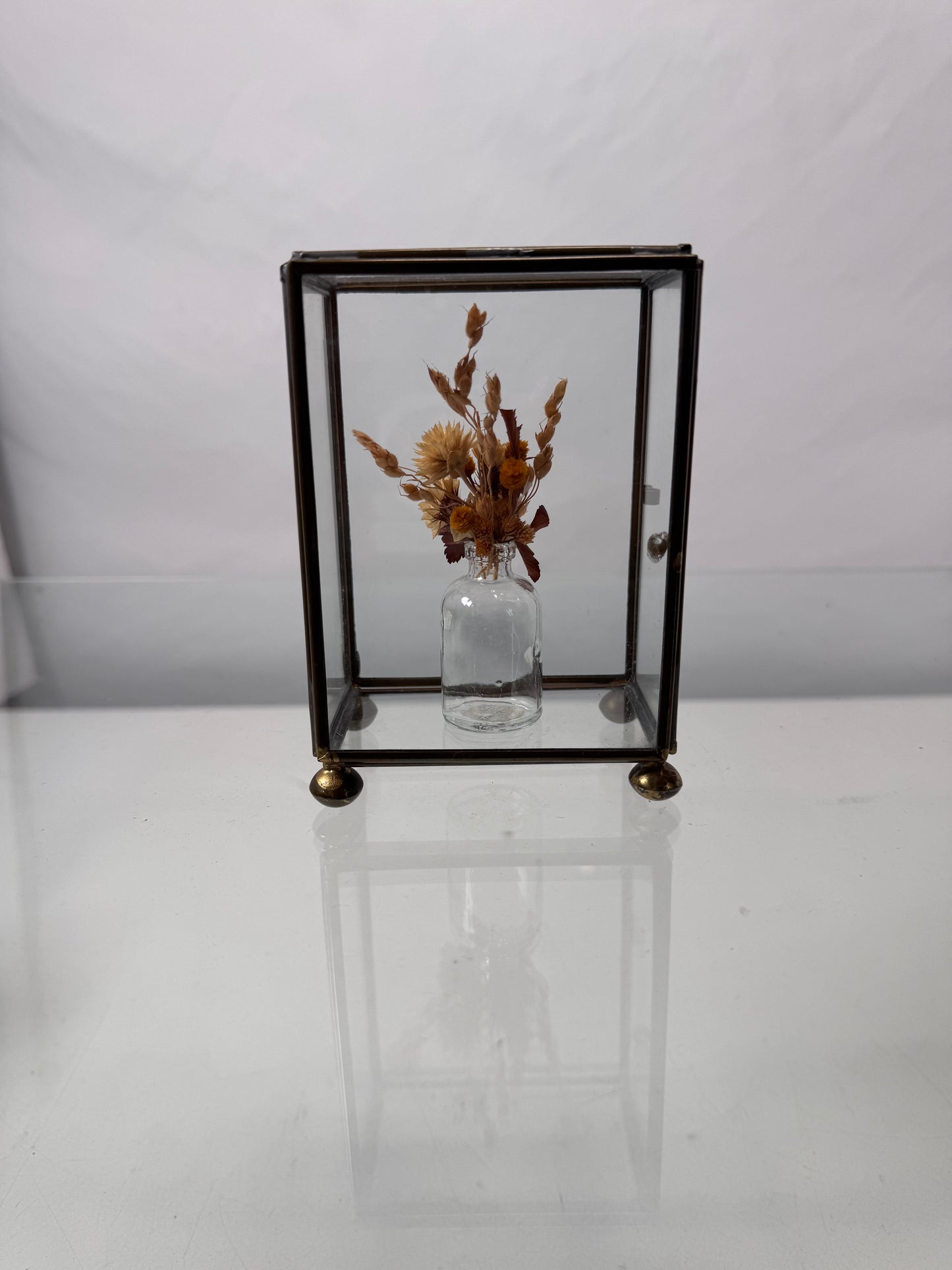 Vintage Curio - Brass and Glass Display with Hinged Door and Dried Bouquet - 5" Tall