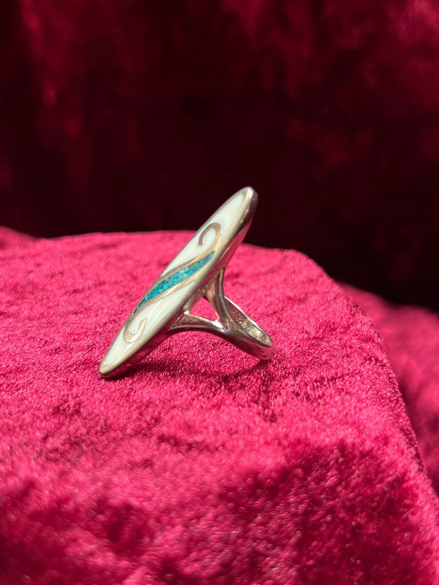 Vintage Jewelry - Marquise Ring - Sterling Silver - Turquoise Chip Inlay on White Stone - 8.5