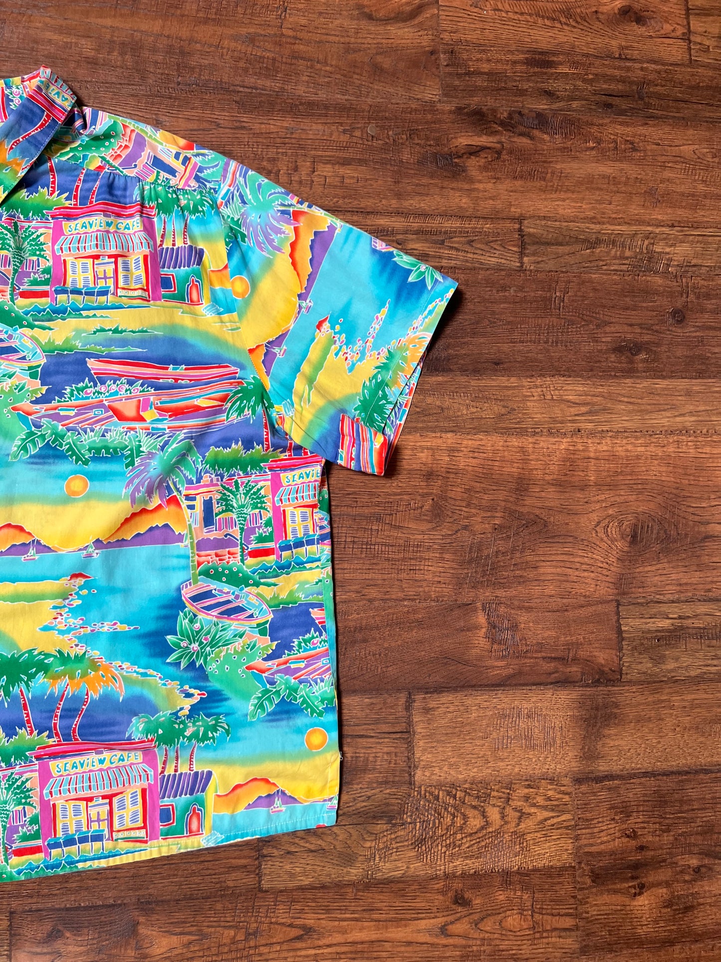 Vintage Clothing - Short Sleeve Hawaiian Shirt - Colorful Sea View Cafe Novelty Print - All Hours - 2X-Large