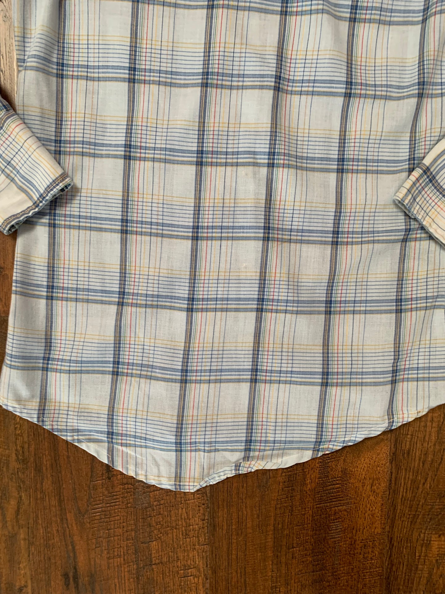 Vintage 1970s Mr. Leggs Pearl Snap Button Up Shirt - Light Blue Plaid - Small - Made In USA