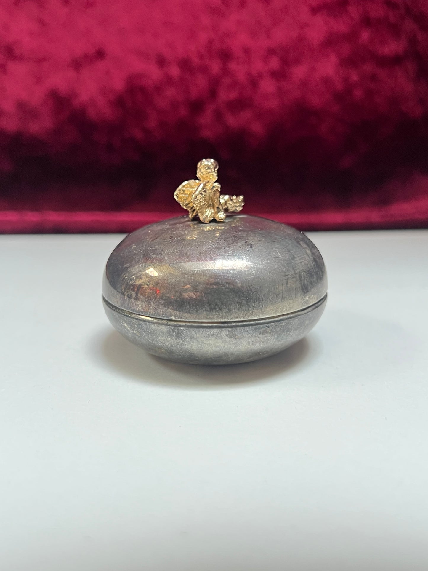 Vintage Trinket Box - Silver Plated Baby Teeth Keepsake - Gold Sitting Cherub