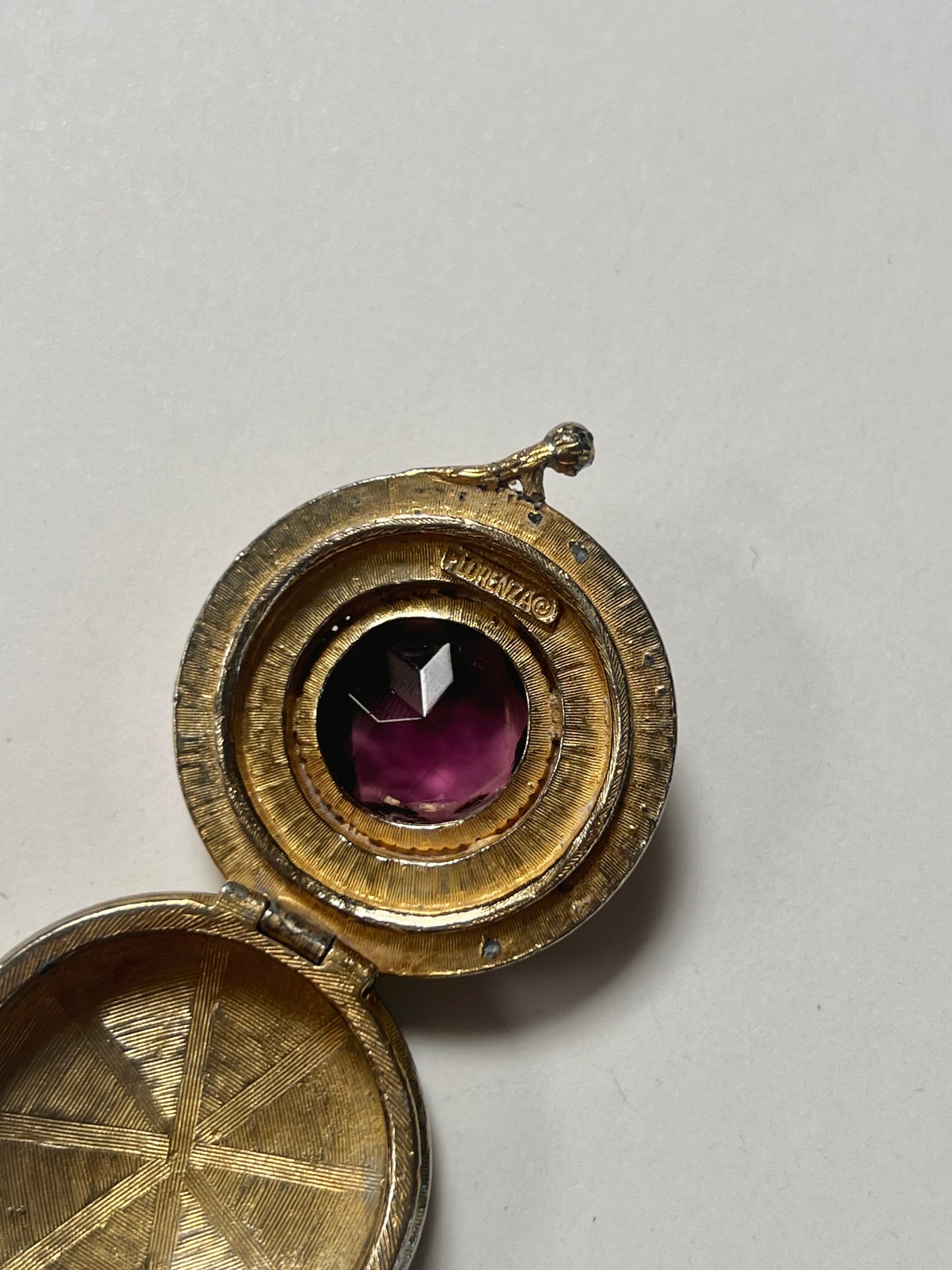 Vintage Trinket Box - Hinged Brass Pill Box - Round - Large Purple Faceted Stone - Turquoise Beads - Forenza