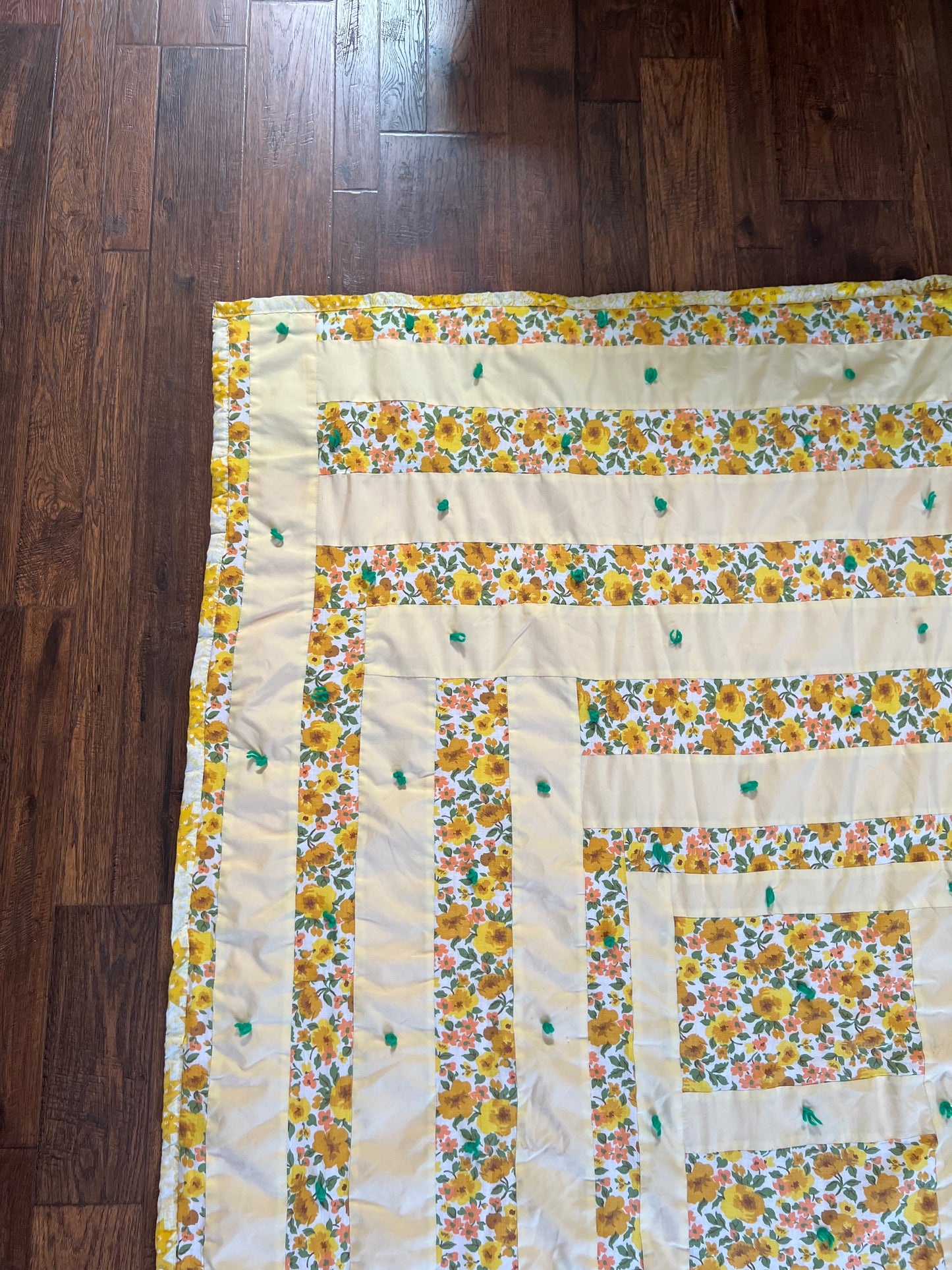 Vintage Linens - Handmade Quilt - Buttercream Yellow - Groovy Floral Patchwork - Double Sided - 81” X 67.5”