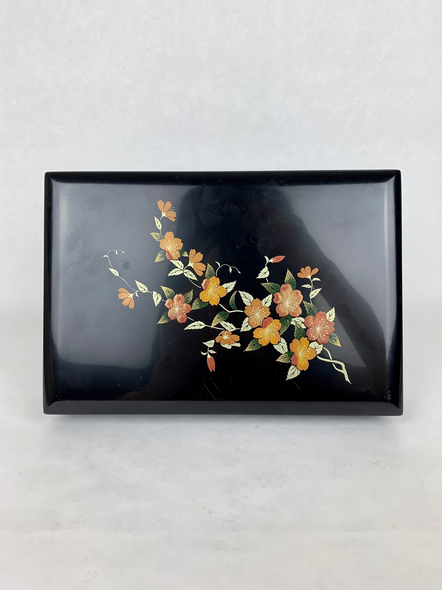 Vintage Black Lacquerware Trinket Box - Orange Floral Branch