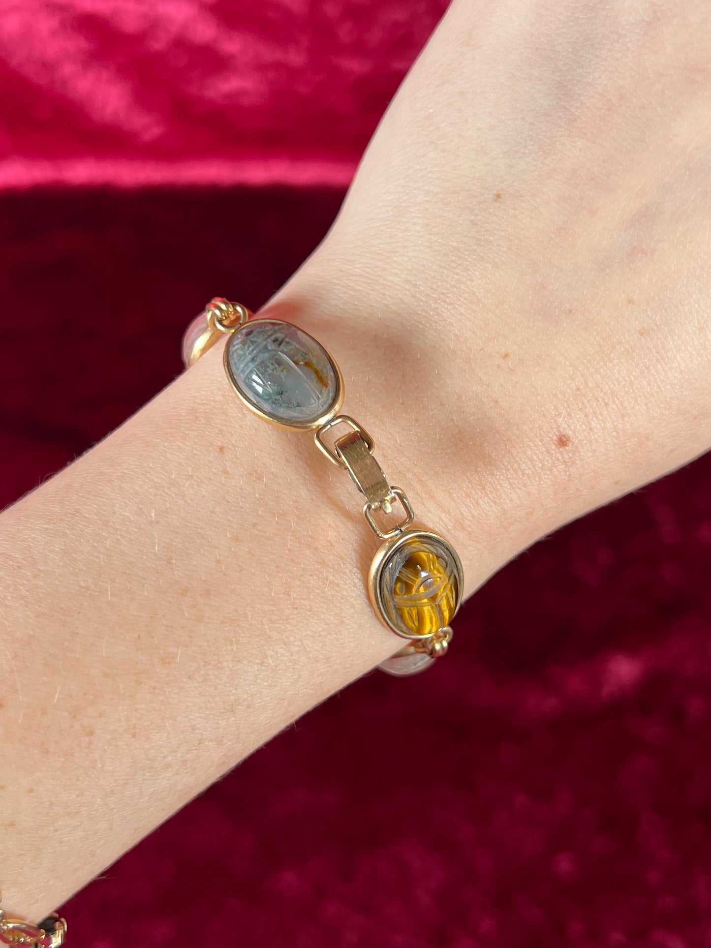 Vintage Jewelry - Bracelet - Gold Tone - Multicolor Carved Scarab Beetles - Krementz - 7"