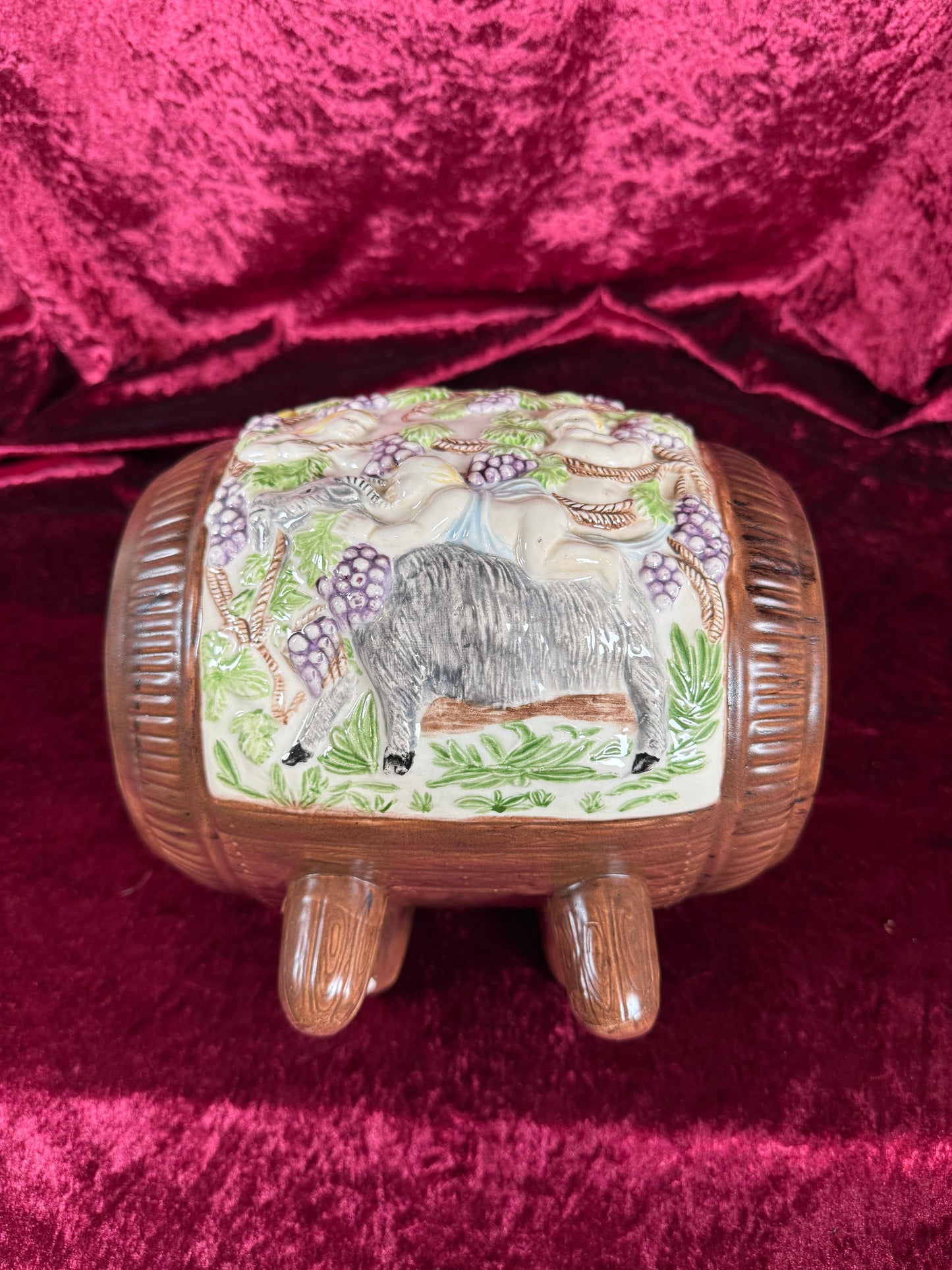 Vintage Pottery - Mid Century Wine Barrel Keg Decanter - Putti, Bacchus, Goat Relief