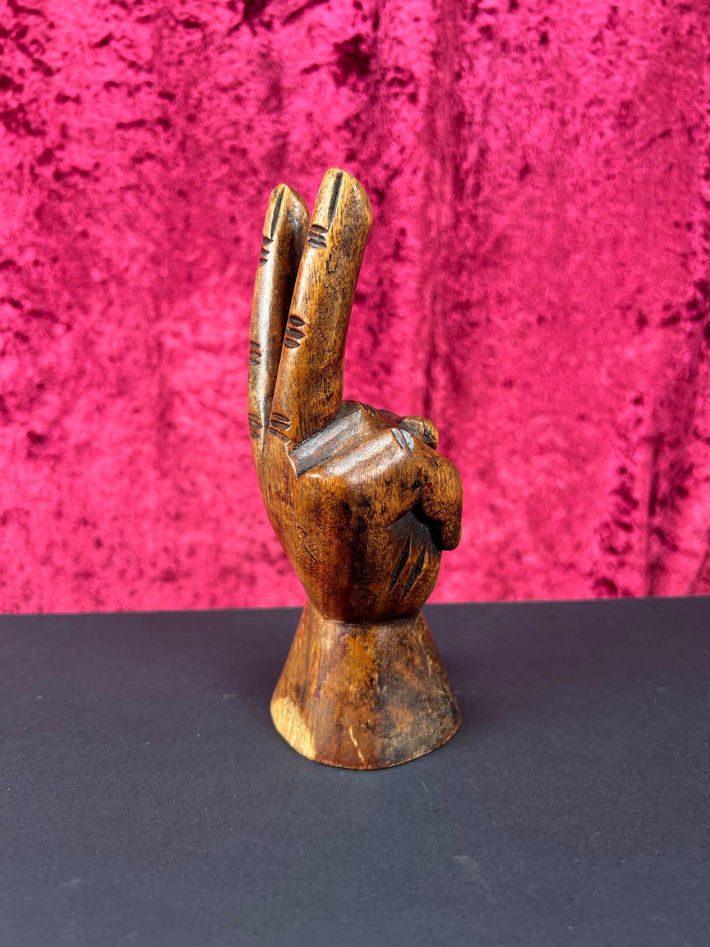 Vintage Oddities - Hand Carved Wood Statue - Hippy Hand Peace Sign