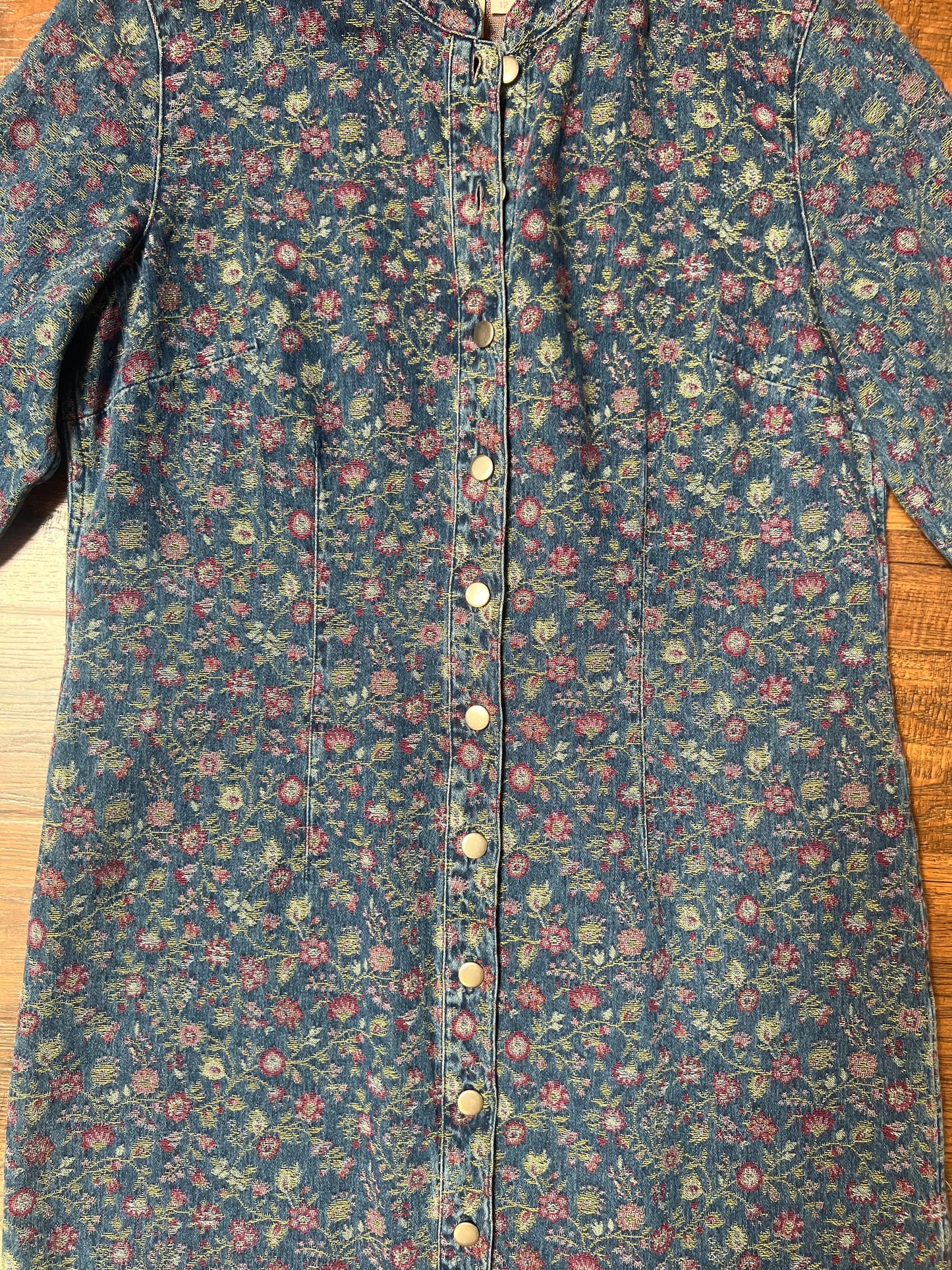 Vintage Clothing - Jacket - Blue Floral Denim Button Up Jacquard Long Shirt Dress - The Territory Ahead - Size 12