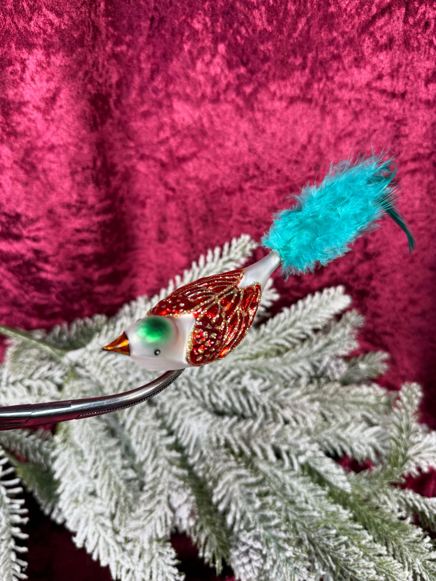 Vintage Christmas - Glass Clip-On Ornament - Sparrow Bird with Blue Feather Tail - QVC