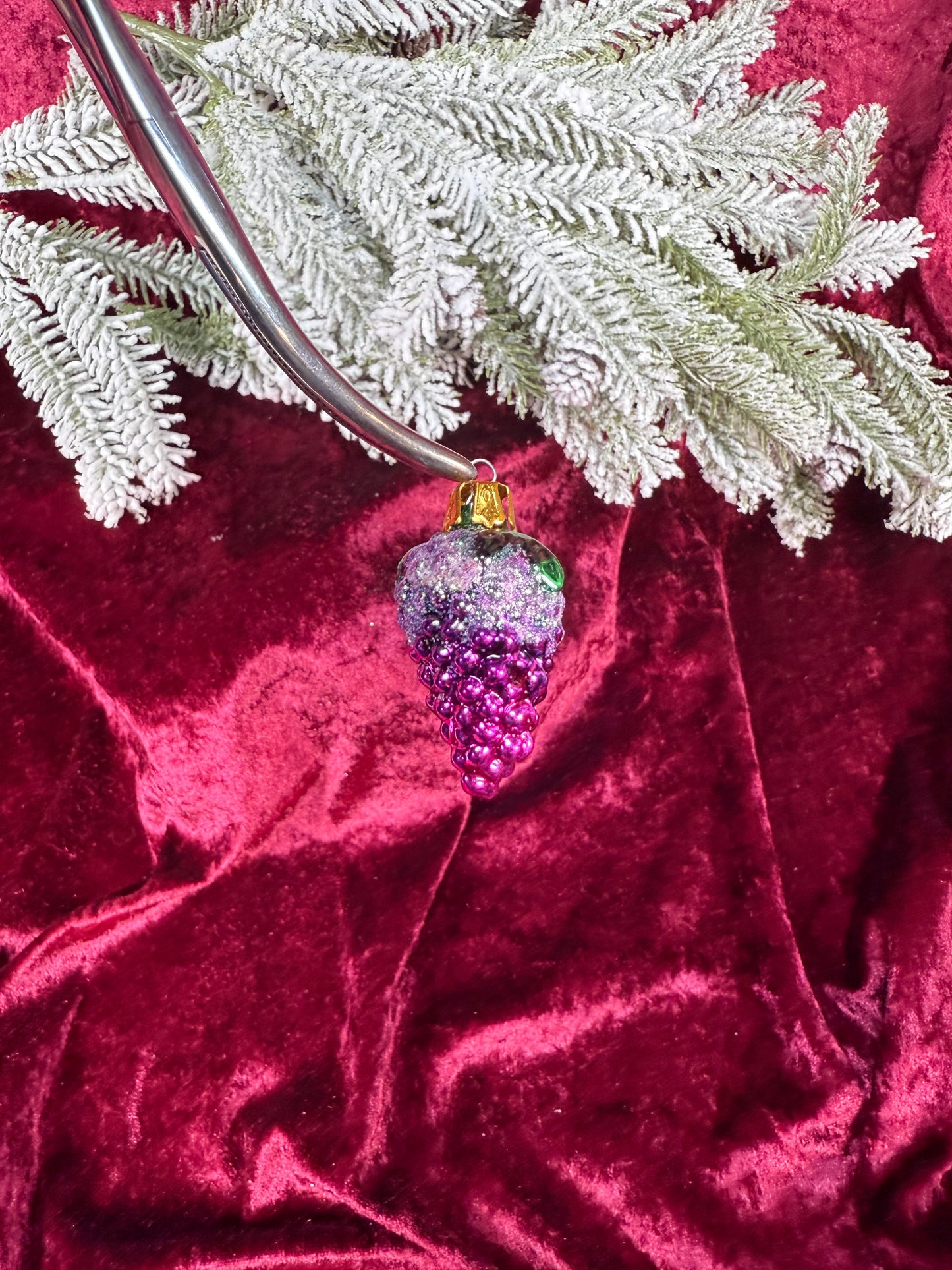 Vintage Christmas - Handblown Glass Ornament - Purple Grape Cluster with Glitter