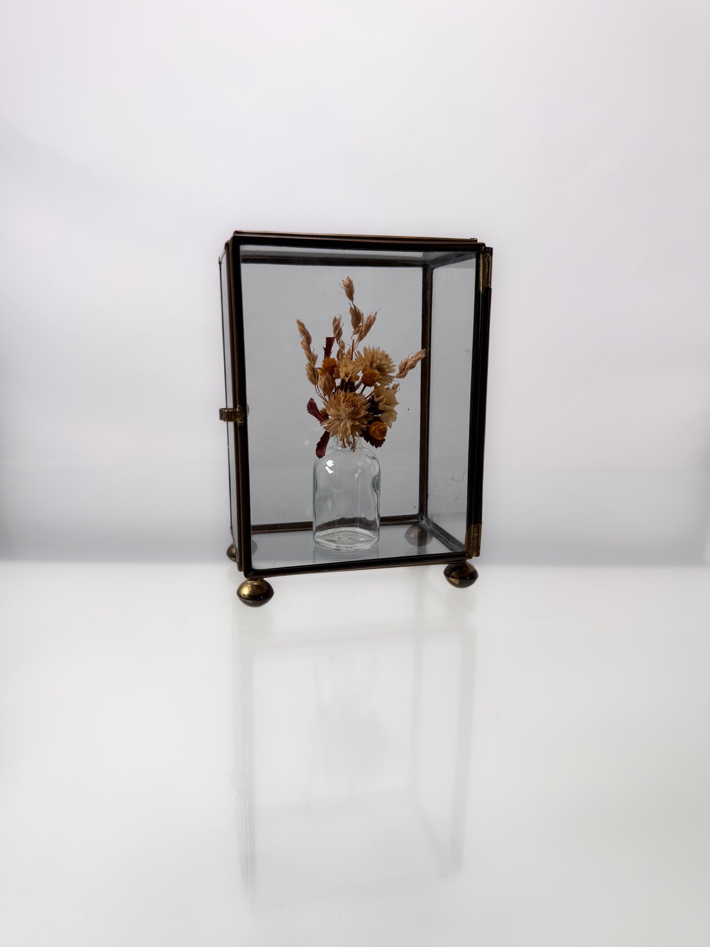 Vintage Curio - Brass and Glass Display with Hinged Door and Dried Bouquet - 5" Tall