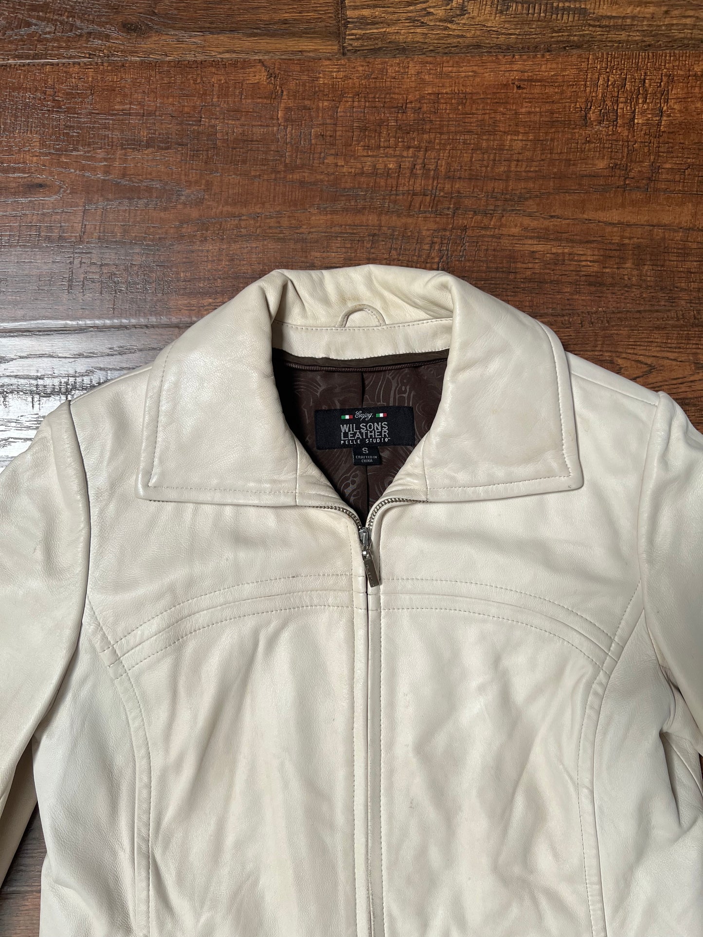Vintage Clothing - Genuine Leather Racer Jacket - Cream White - Brown Lining - Small - Wilsons Leather Pelle Studio