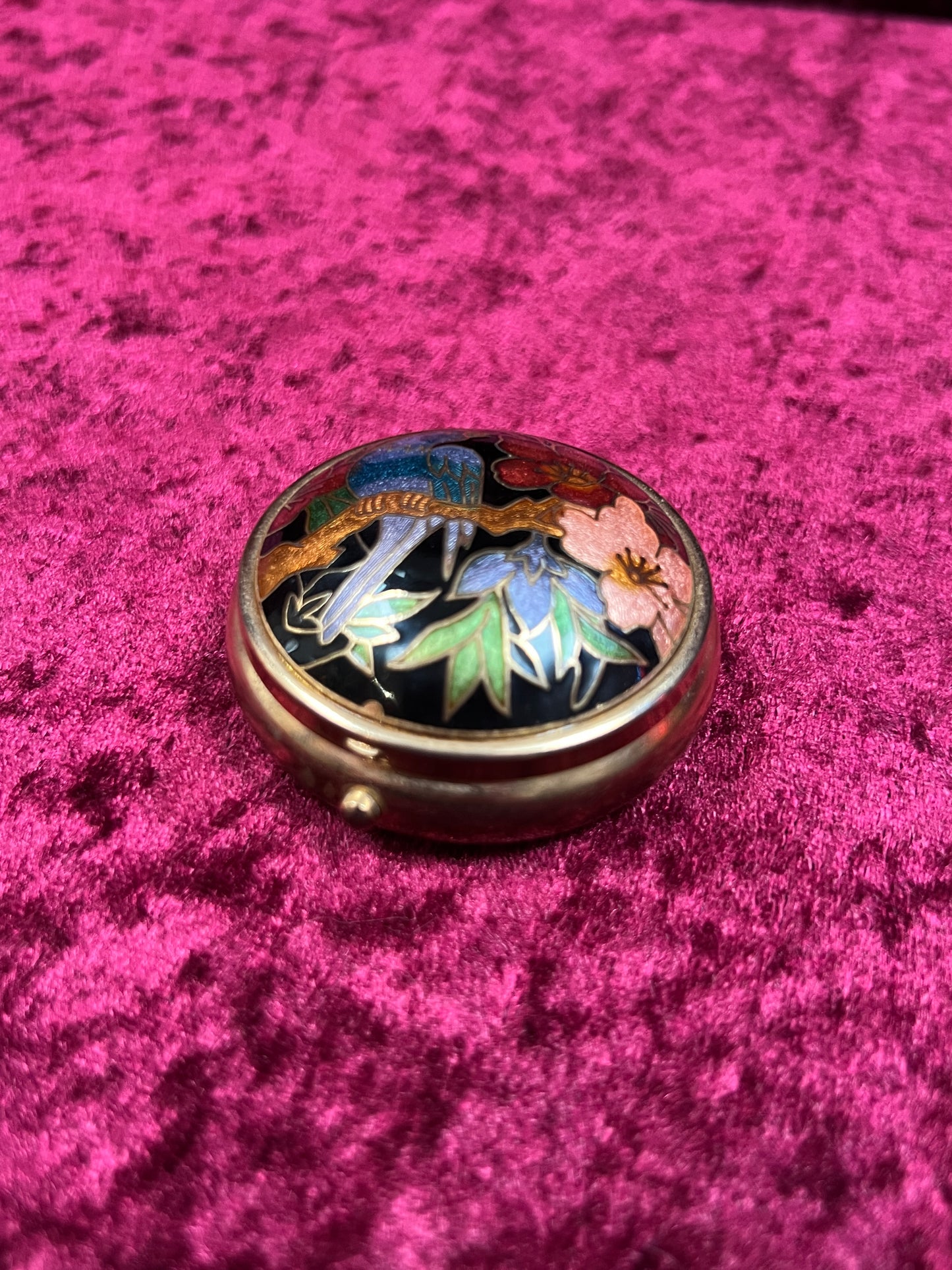 Vintage Vanity - 3-Compartment Pill Box - Cloisonné Lid - Blue Bird In a Flowering Tree