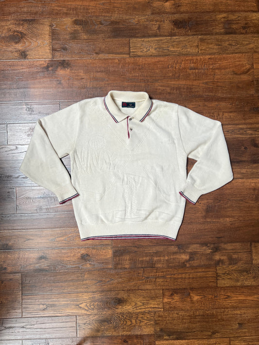 Vintage Clothing - Long Sleeve Knit Polo - Golf Scene - Cream - Isle Of Cotton - Medium