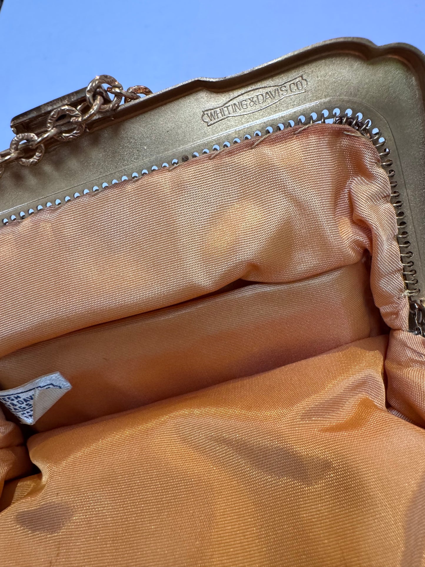 Vintage Purse - Whiting & Davis Co. - Gold Metal Mesh Purse Art Deco Style Rhinestone Closure