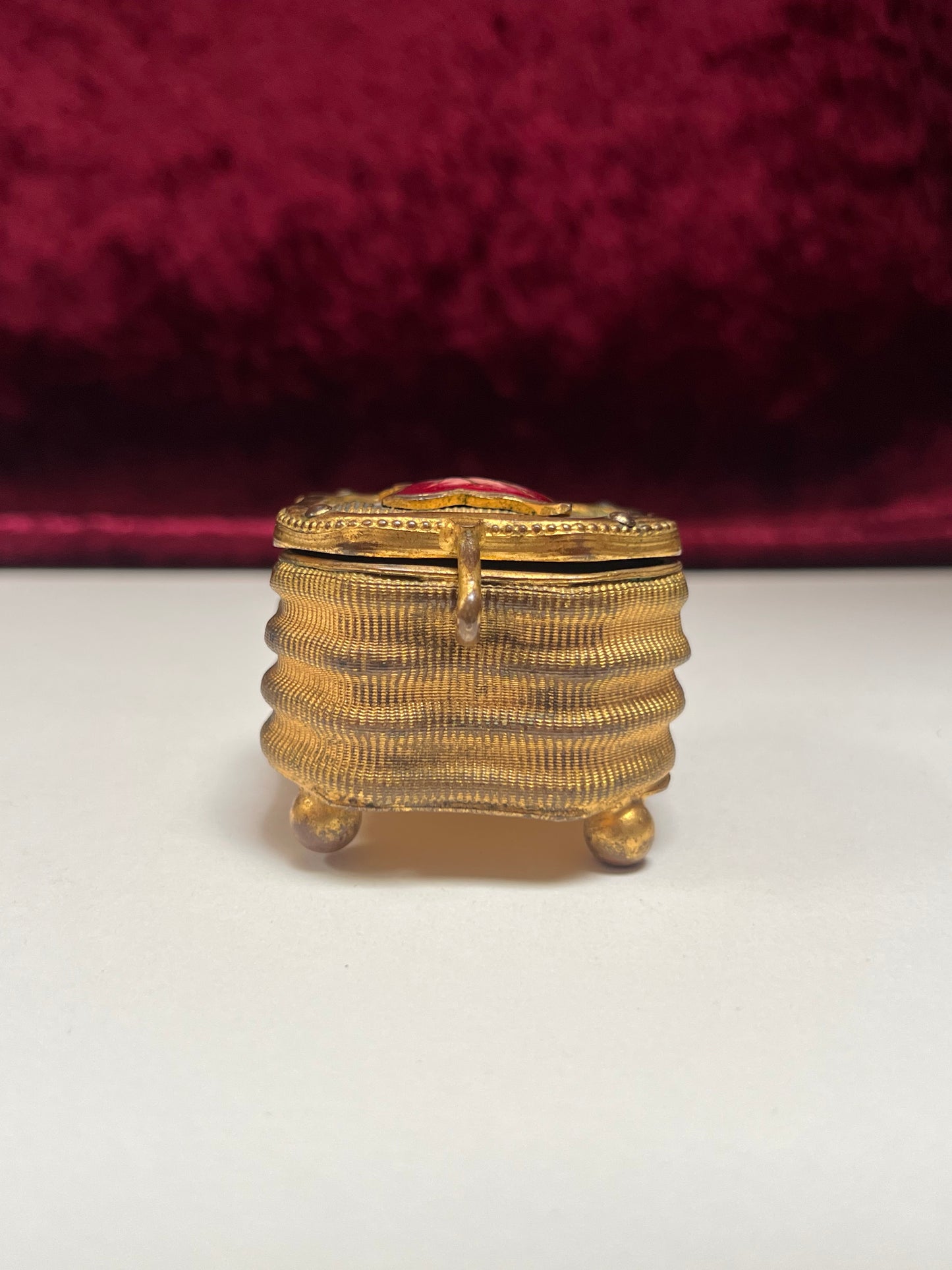 Vintage Trinket Box - Footed Ring Box - Red Leaf Lid - Brass Curved Design