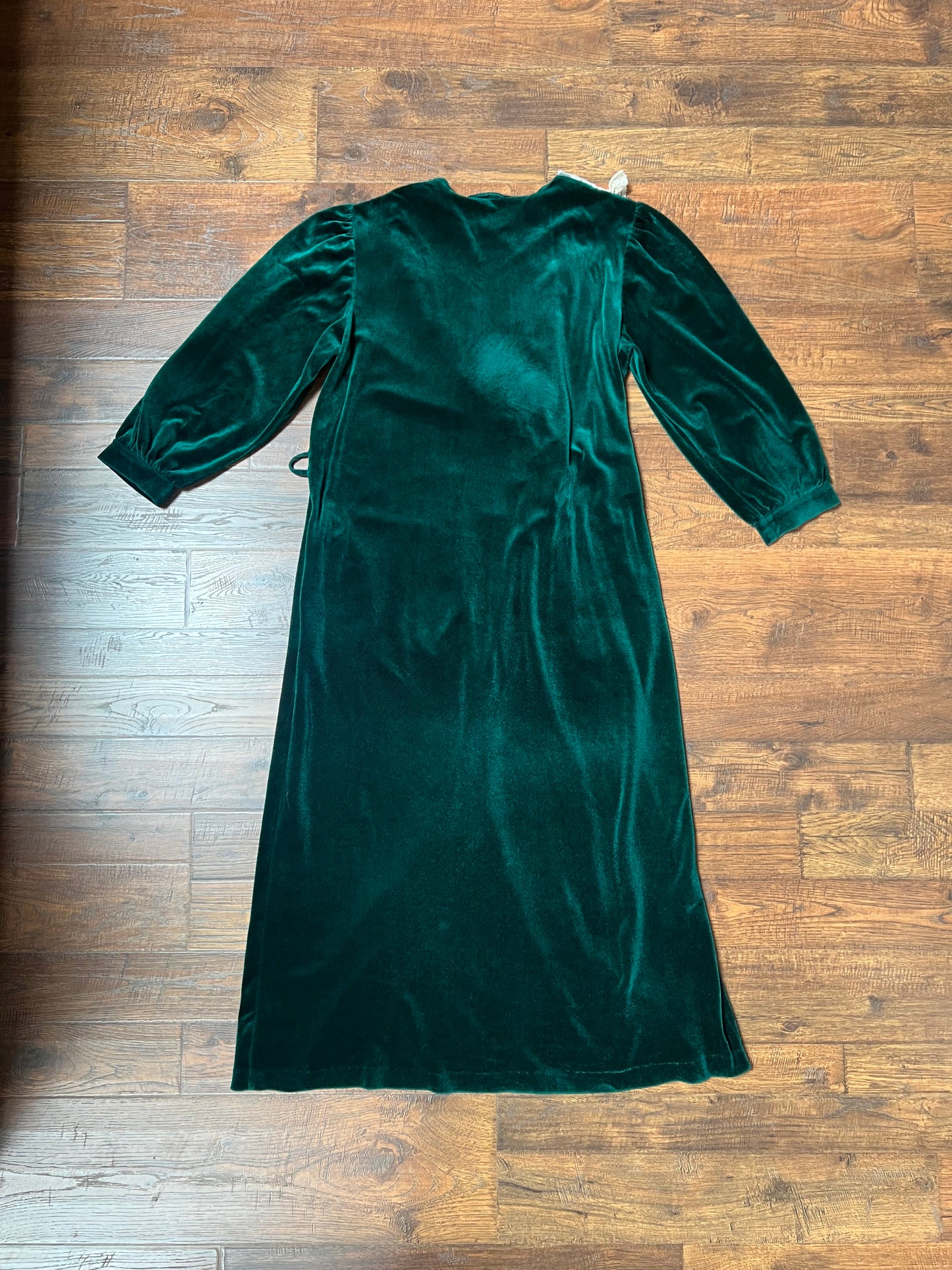 Vintage Clothing - Velour House Robe - Emerald Green - Floral Lace Collar - Large - Partners