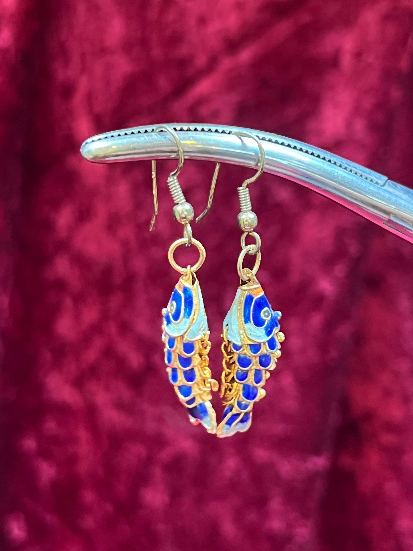 Vintage Jewelry - Drop Earrings - Gold Tone Metal - Articulated Enamel Koi Fish