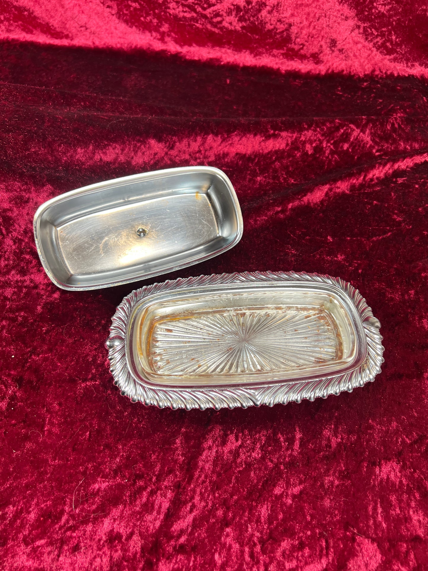 Vintage Kitchen - Covered Butter Dish - Silver Metal with Glass Insert - Ornate Edging