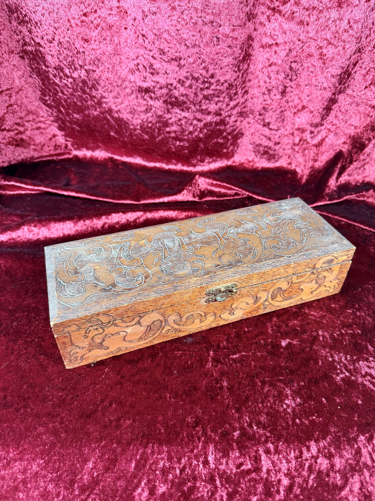 Antique Box - Hand Carved Flemish Pyrography Wood Glove Box