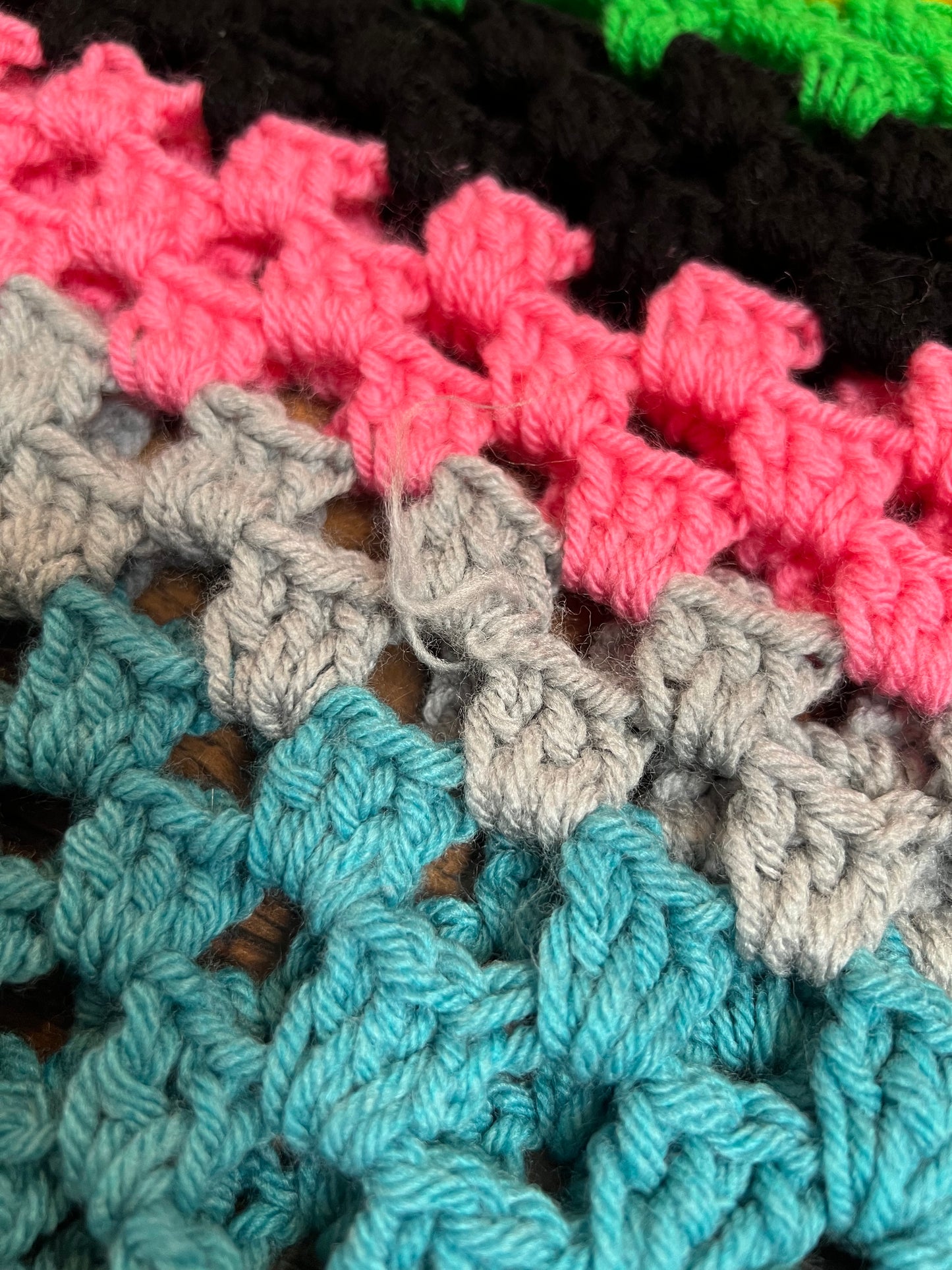 Vintage Linens - Handmade Crochet Lap Blanket - Green, Black, Pink