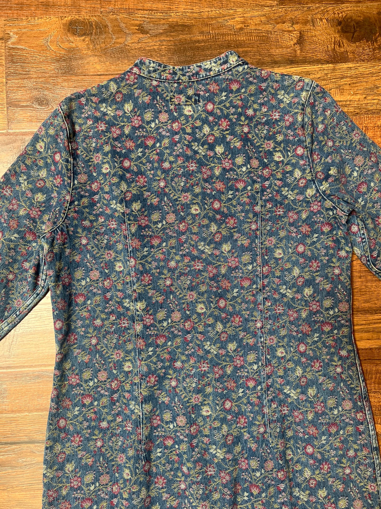 Vintage Clothing - Jacket - Blue Floral Denim Button Up Jacquard Long Shirt Dress - The Territory Ahead - Size 12
