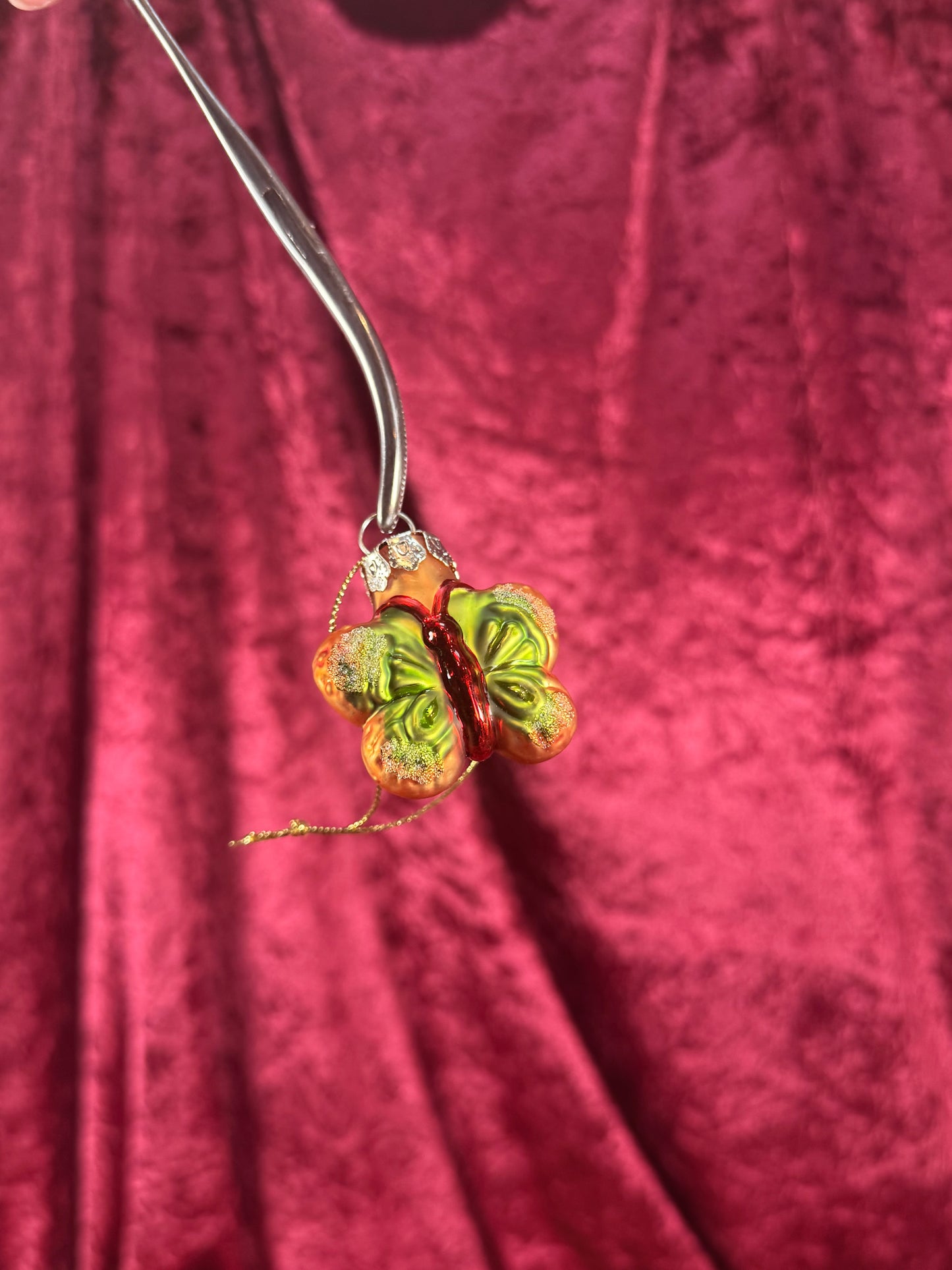 Vintage Christmas - Handblown Glass Ornament - Green and Red Butterfly - 1.75"