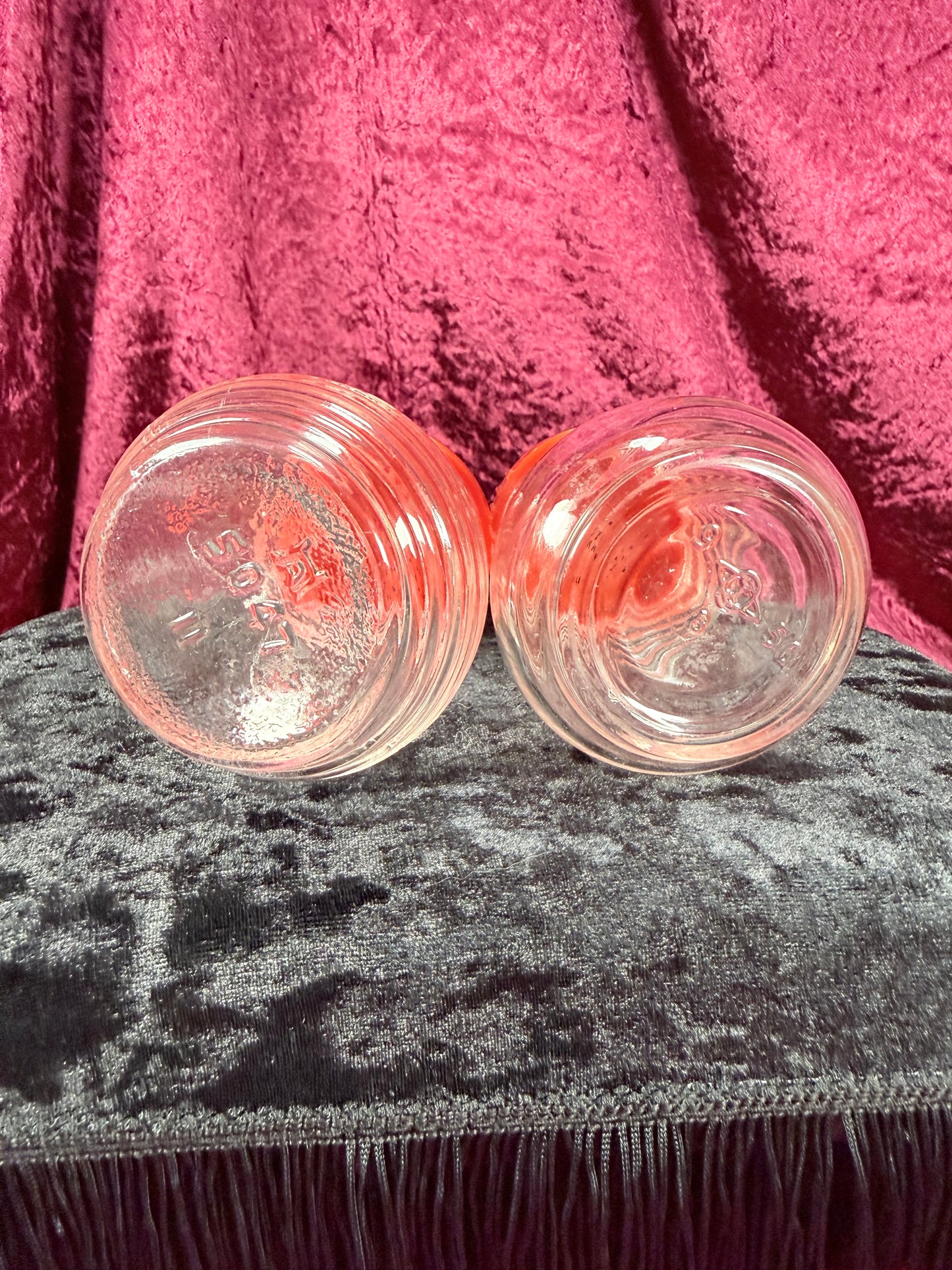 Vintage Owens Illinois Glass Spice Shaker Set - Salt Pepper Accent Red Lids Trio