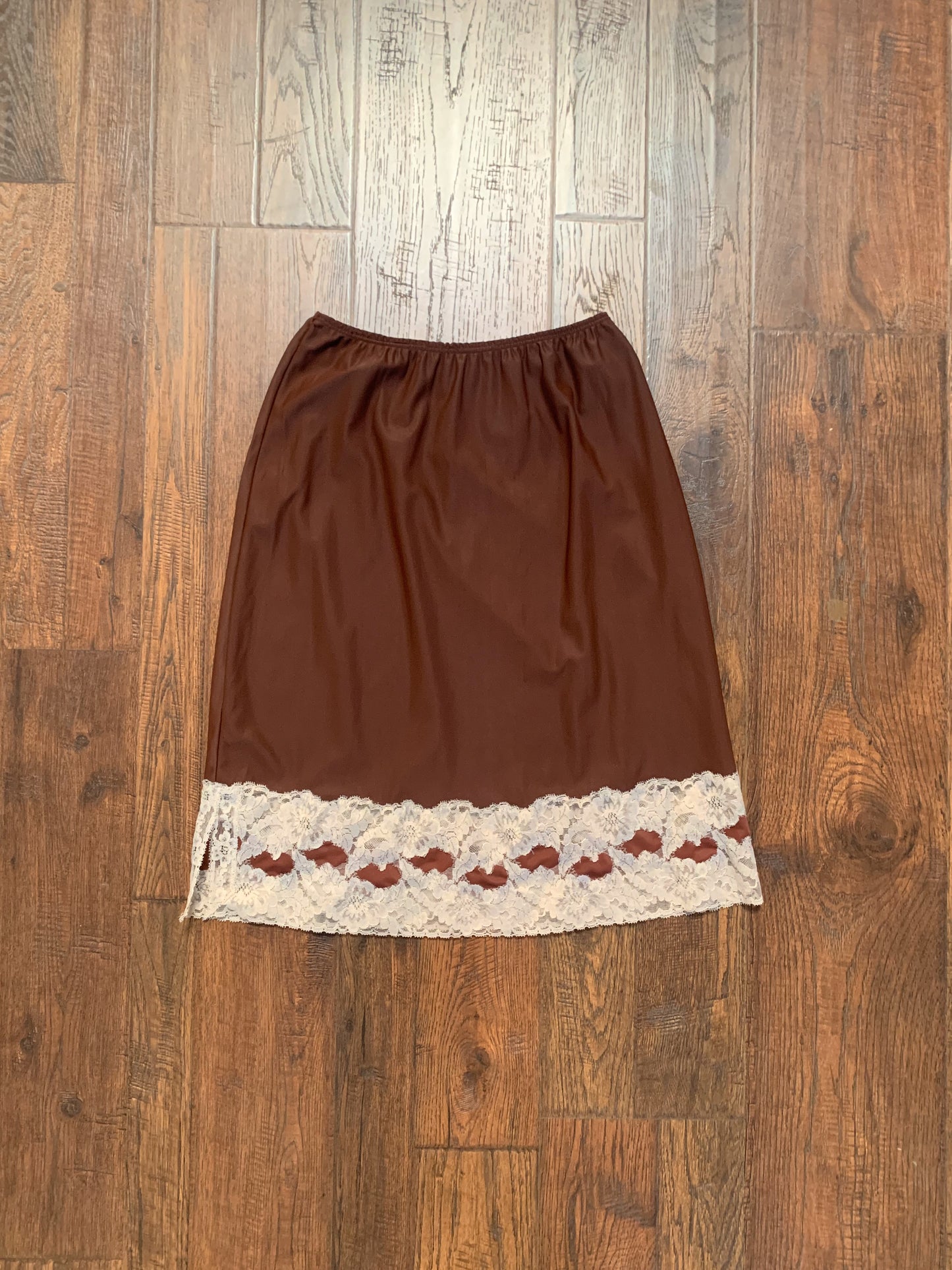Vintage Clothing - Knee Length Skirt Slip - Chocolate Brown with Lace - Medium - Aristocraft