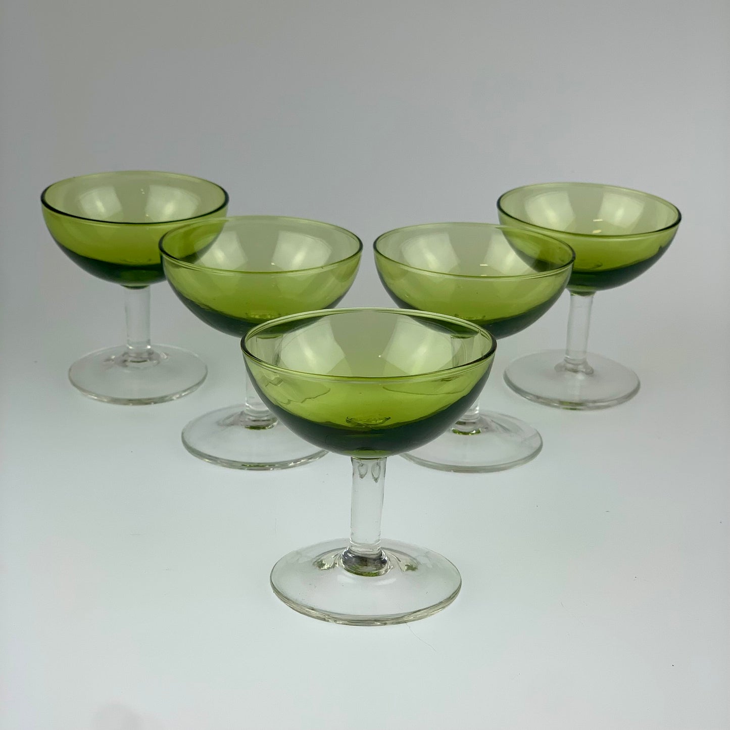 Vintage Olive Green Cordial Glasses with Crystal Stems | Set of 5