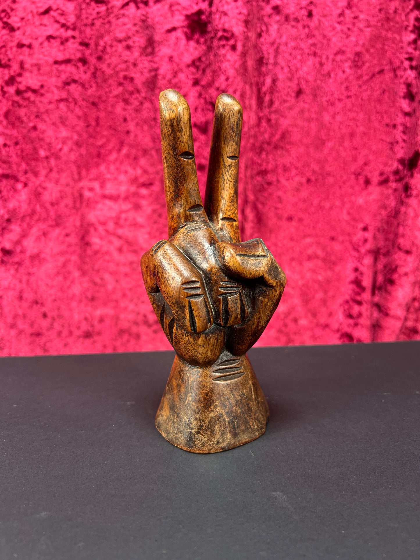 Vintage Oddities - Hand Carved Wood Statue - Hippy Hand Peace Sign