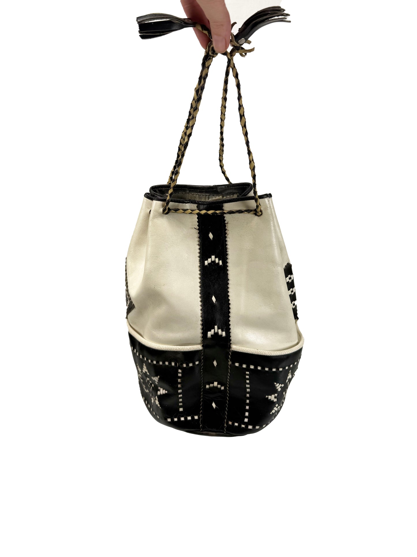 Vintage Purse - Black and White Leather Bucket Bag - Large