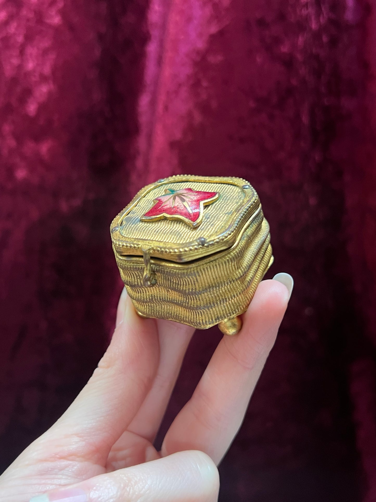 Vintage Trinket Box - Footed Ring Box - Red Leaf Lid - Brass Curved Design
