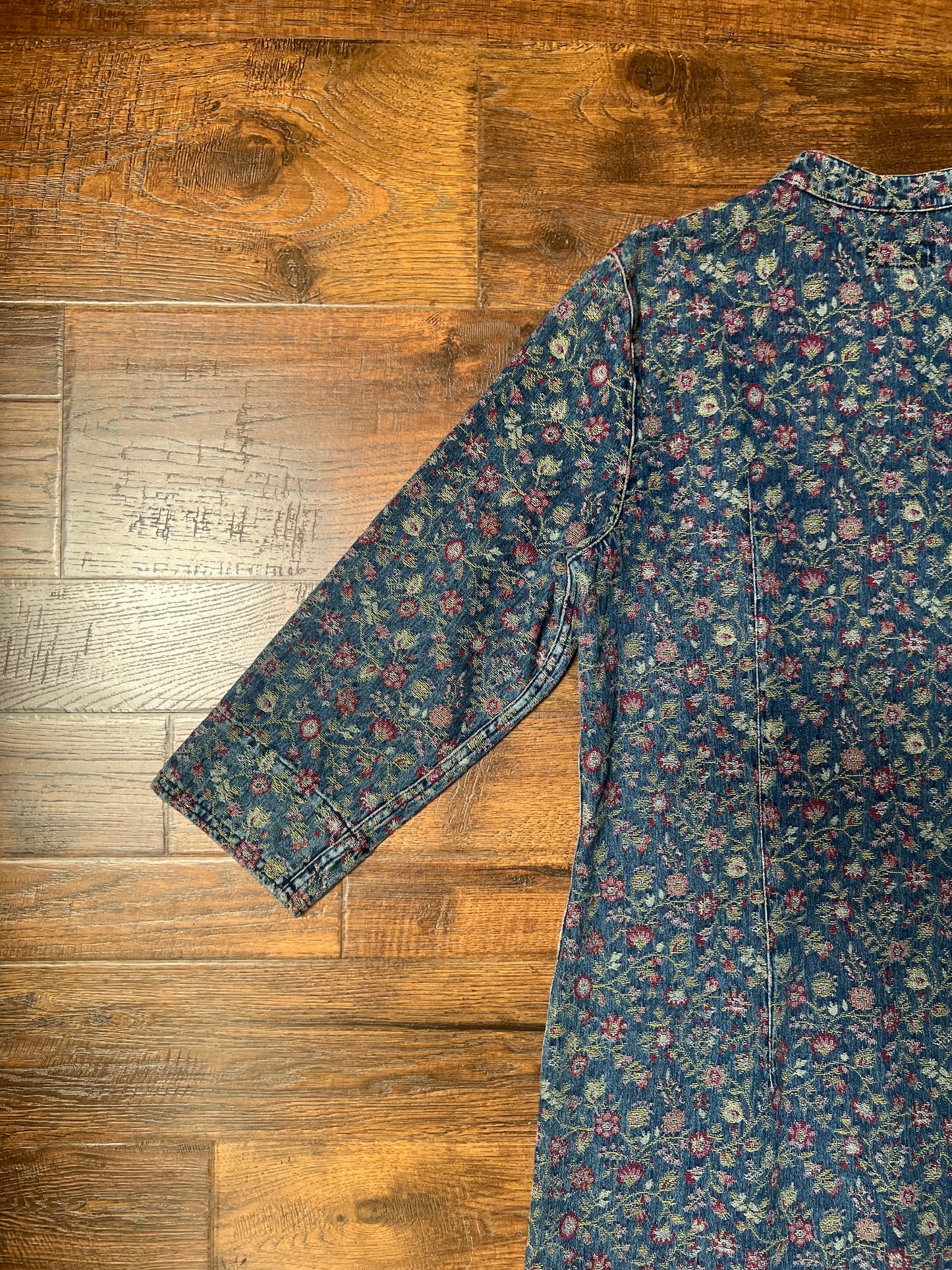 Vintage Clothing - Jacket - Blue Floral Denim Button Up Jacquard Long Shirt Dress - The Territory Ahead - Size 12
