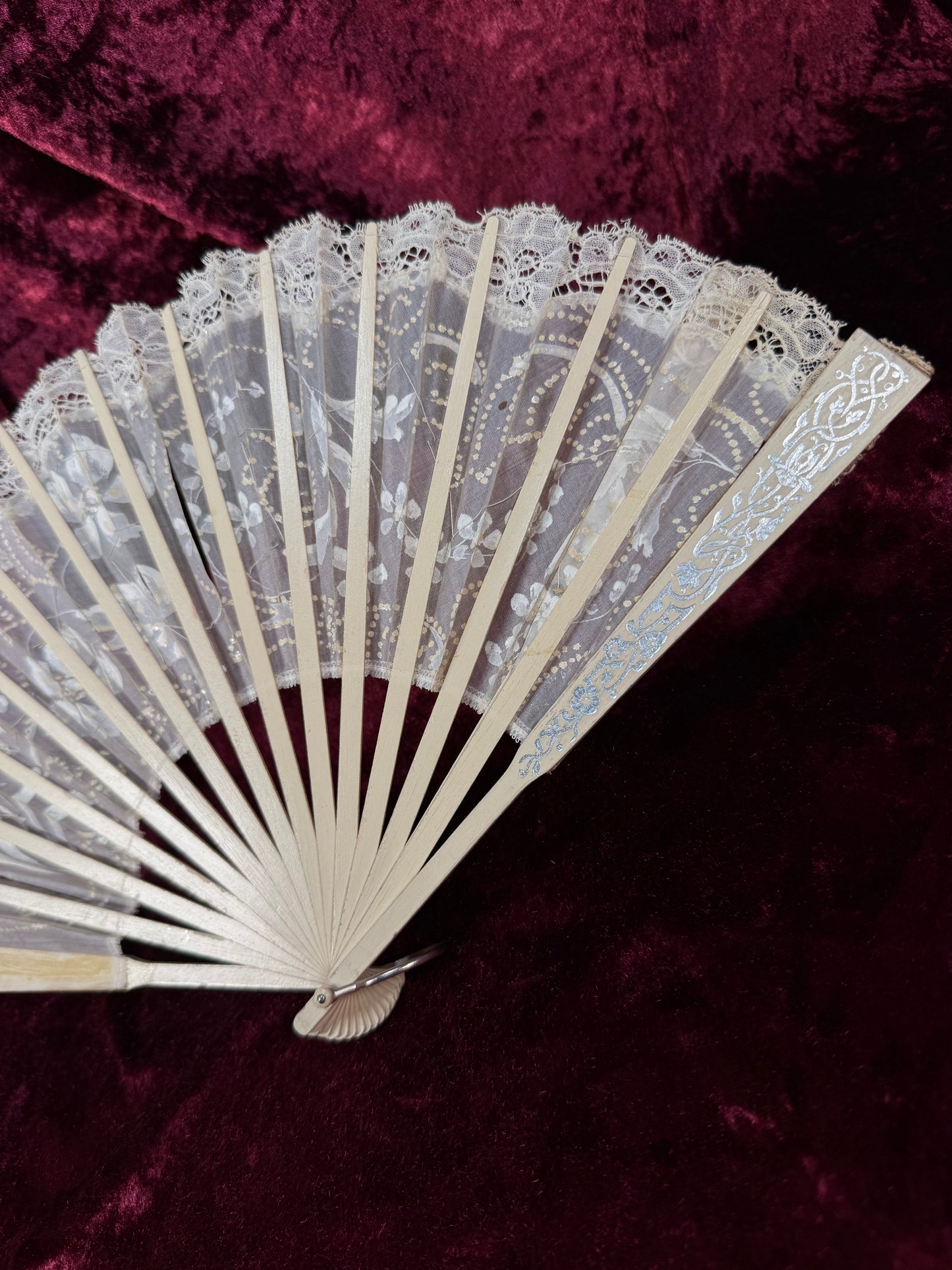 Antique Art Nouveau Handheld Fan with Lace Trim – Hand Painted Floral Design with Sequin Detail
