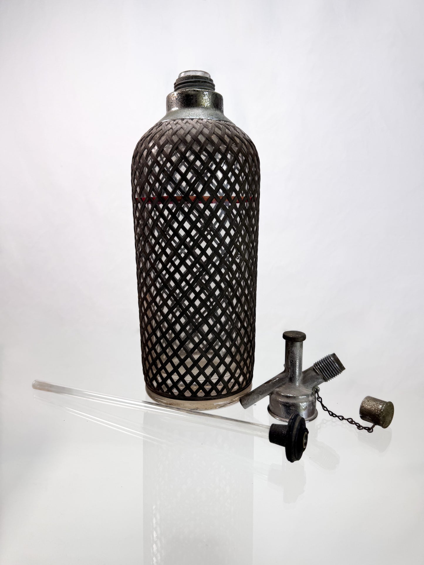 Antique Barware - Soda Siphon Seltzer Glass Bottle with Metal Mesh Sleeve by Sparklets