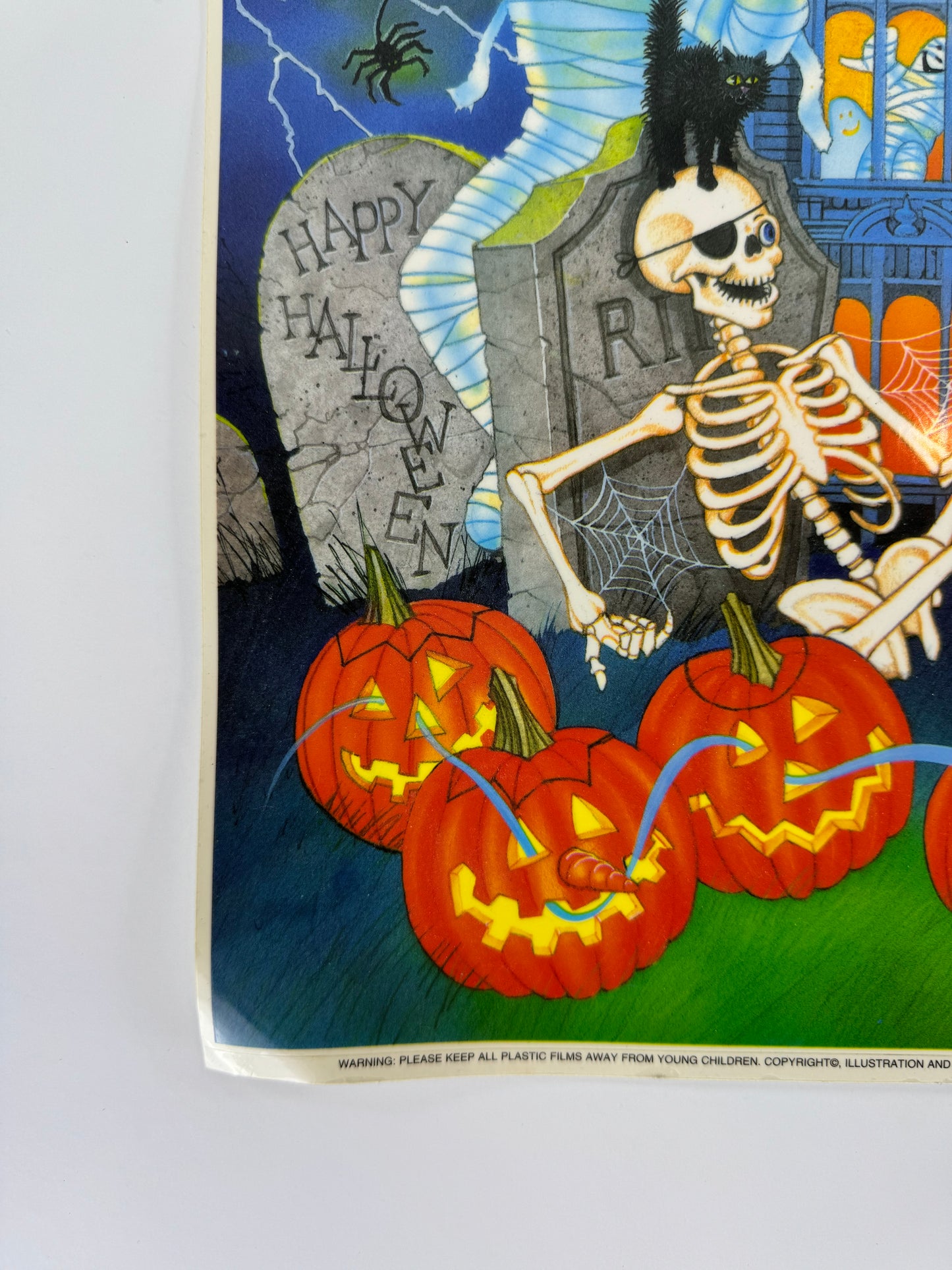 Vintage 1990s Color Clings Halloween Sheet | Skeleton Bats Mummy | Window Clings