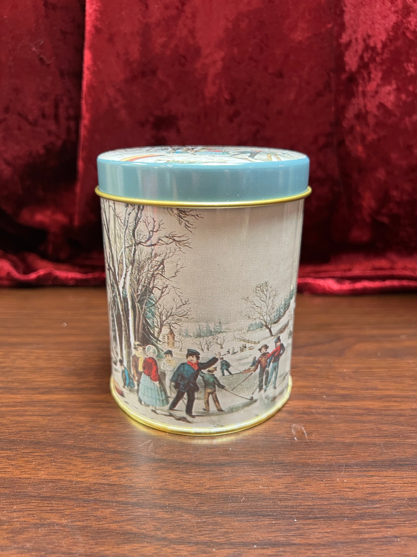 Vintage Christmas - Metal Nesting Tin Canister Set - Old New England Winter Scene - Made In Taiwan R.O.C.