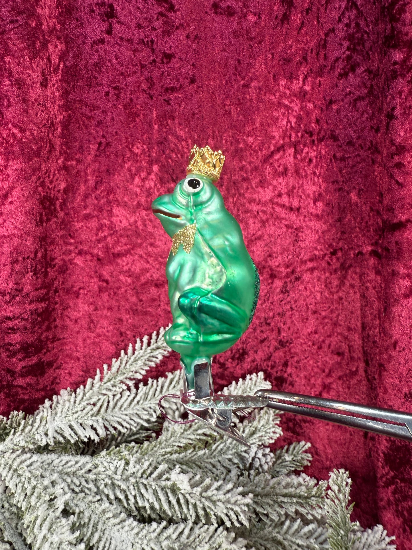 Vintage Christmas - Clip On Ornament - Hand Blown Glass - 3" Prince Frog