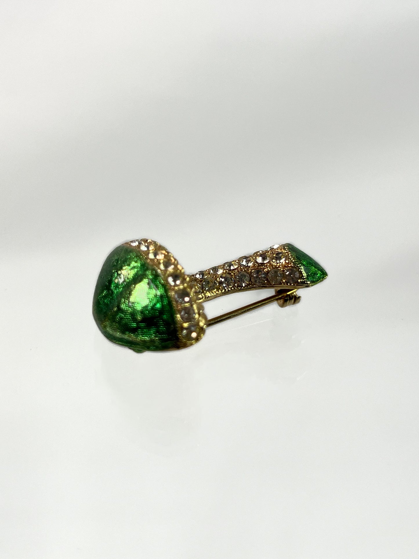 Vintage Jewelry - Brooch - Gold Tone - Clear Pave Rhinestones - Green Mushroom