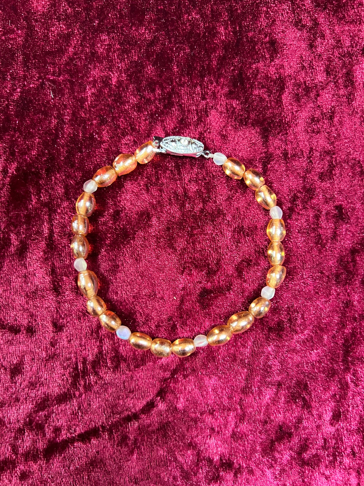Vintage Jewelry - Bracelet - Silver Tone Metal - Clear Amber Beads - England